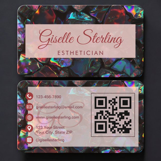 Cartão De Visita Esthetician Opal Black QR Code (Criador carregado)