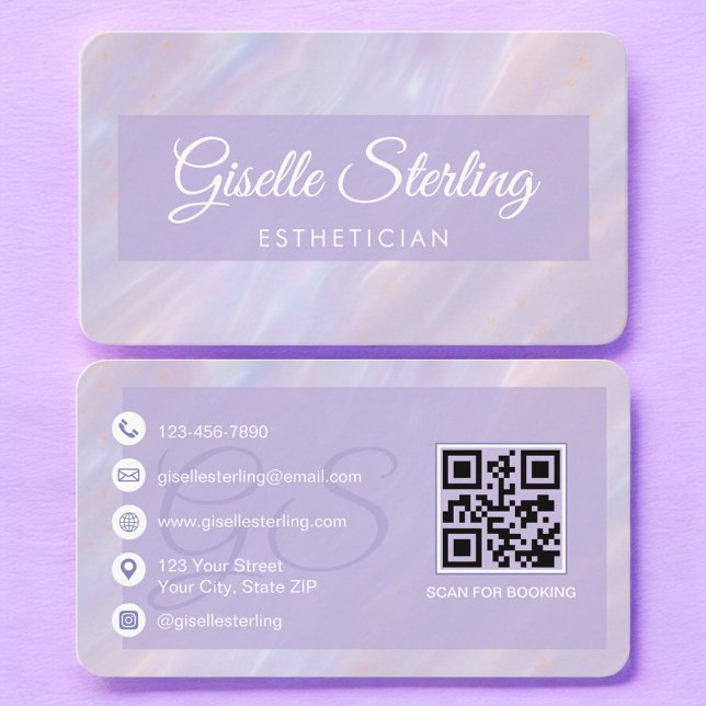 Cartão De Visita Esthetician Pastel Purple QR Code (Criador carregado)