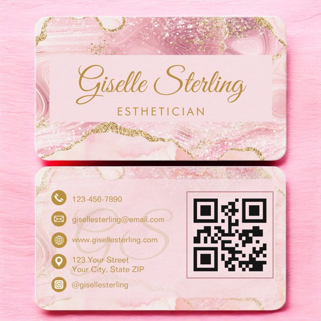 Cartão De Visita Esthetician Pink Gold Agate QR Code (Criador carregado)