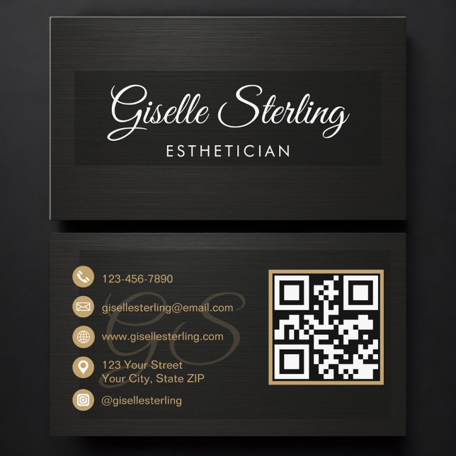Cartão De Visita Esthetician QR Code Black Metallic Luxury  (Criador carregado)
