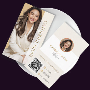 Cartão De Visita Estheticista Beautician Beige QR Code & Photo