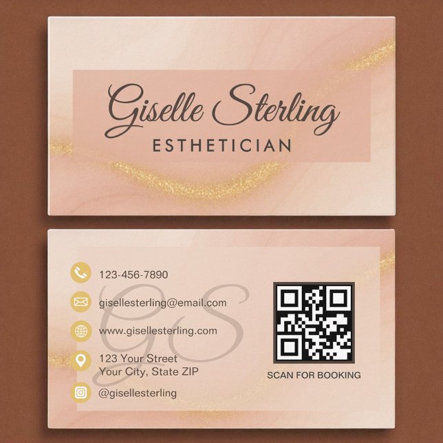 Cartão De Visita Estheticista Código QR Monograma Dourado com Aquar (Criador carregado)