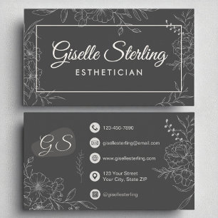 Cartão De Visita Estheticista Moody Charmalheira Cinza Floral Moder