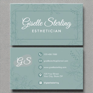 Cartão De Visita Estheticista Teal Floral Line Art Modern Script