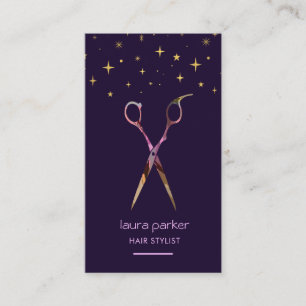 Cartão De Visita Estilhador de Cabelo de Tesoura Dourada Roxo