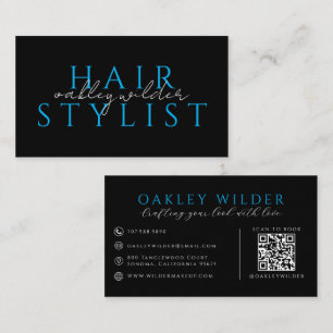 Cartão De Visita Estilista de Cabelo Moderno Código QR Azul Preto