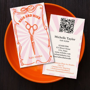 Cartão De Visita Estilista de Cabelo Retro Ousado Doodle Cor-de-ros