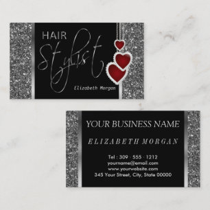 Cartão De Visita Estilista de Cabelos em uma Glitter de Prata e Cad