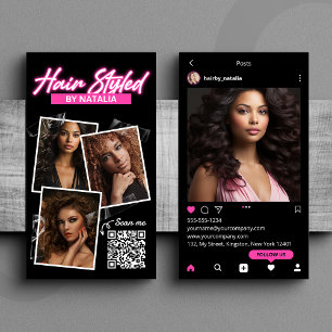 Cartão De Visita Estilista de Cabelos Preto e Rosa Moderno Postagem
