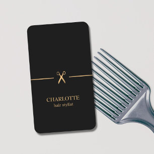 Cartão De Visita Estilista Dourada de Cabelos Pretos Moderna e Eleg