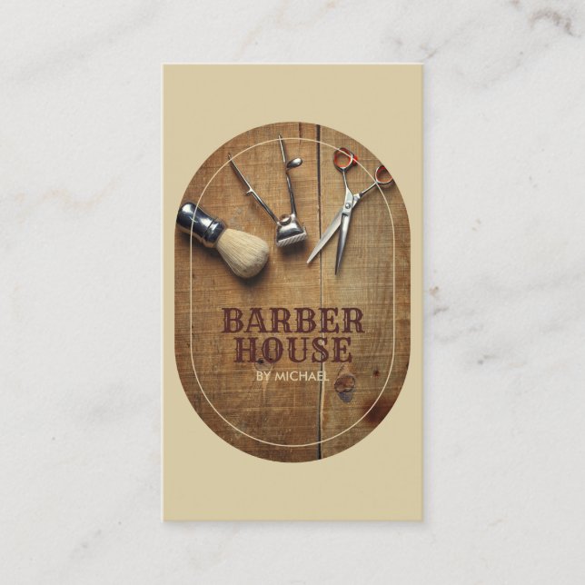 Cartão De Visita Estilo cabelo bege - Rustic Wooden BarberShop (Frente)