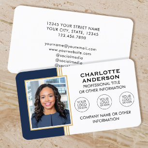 Cartão De Visita Estilo Clássico ID Personalizado Foto Azul Dourado