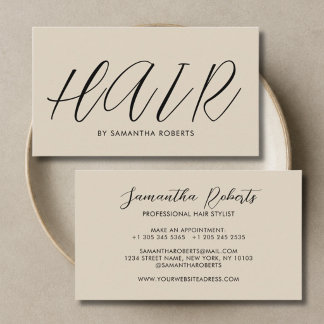 Cartão De Visita Estilo de cabelo moderno chic script bege