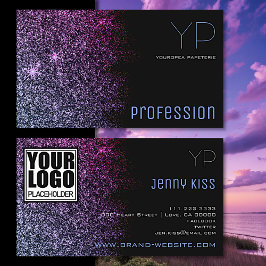 Cartão De Visita Estilo Elegante com estrelas de brilho preto roxo
