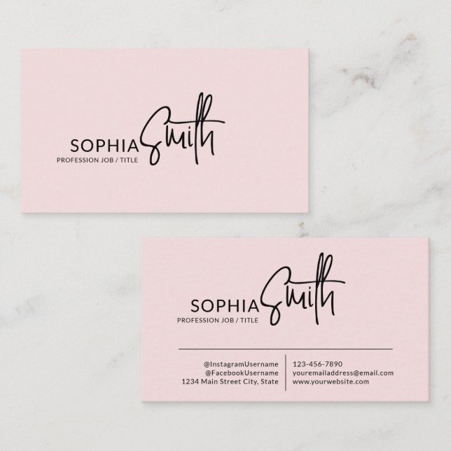 Cartão De Visita Estilo Moderno Rosa Beije Script Manuscrito (Frente/Verso)