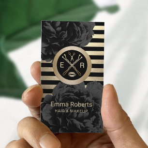 Cartão De Visita Estilo Preto e Dourado do Cabelo do Artista