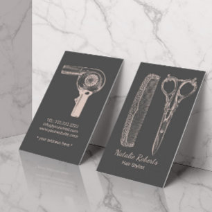 Cartão De Visita Estilos de Cabelo, Tesoura Vintage e Cinza Rosa Co
