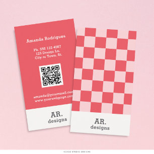 Cartão De Visita Estiloso QR Xadrez Vermelho Rosa