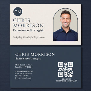 Cartão De Visita Estrategista de Experiência Código QR Foto Azul Ma