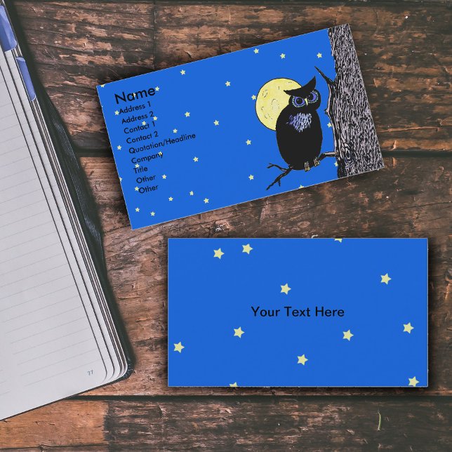 Cartão De Visita Estrelas da Lua da Árvore Preta (Black owl in tree yellow full moon stars in blue night sky on business cards.)