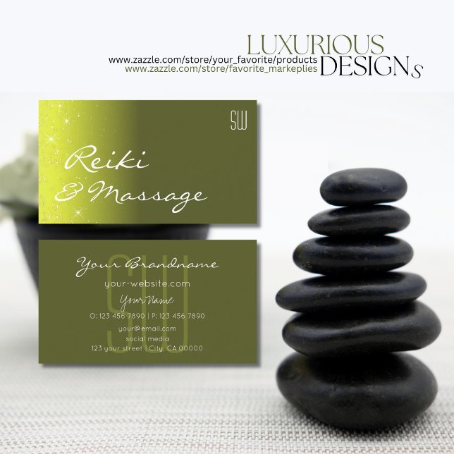 Cartão De Visita Estrelas de Brilho Amarelo e Verde-Olival com Inic (Criador carregado)