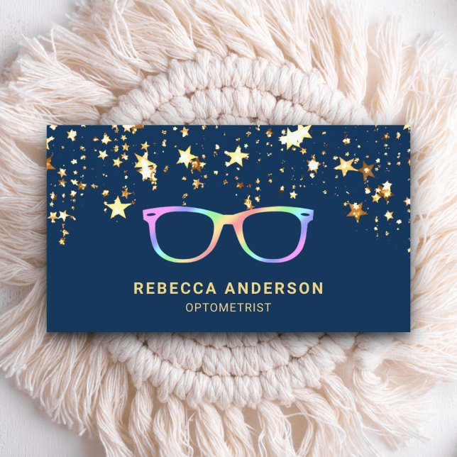 Cartão De Visita Estrelas Douradas Confetti Rainbow Eye Óculos Ócul (Criador carregado)