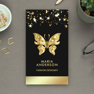 Cartão De Visita Estrelas Glam Chic Confete Preto Dourado Folha Bor