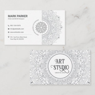 Cartão De Visita Estúdio de Arte Mandala Elegante Branco Criativo