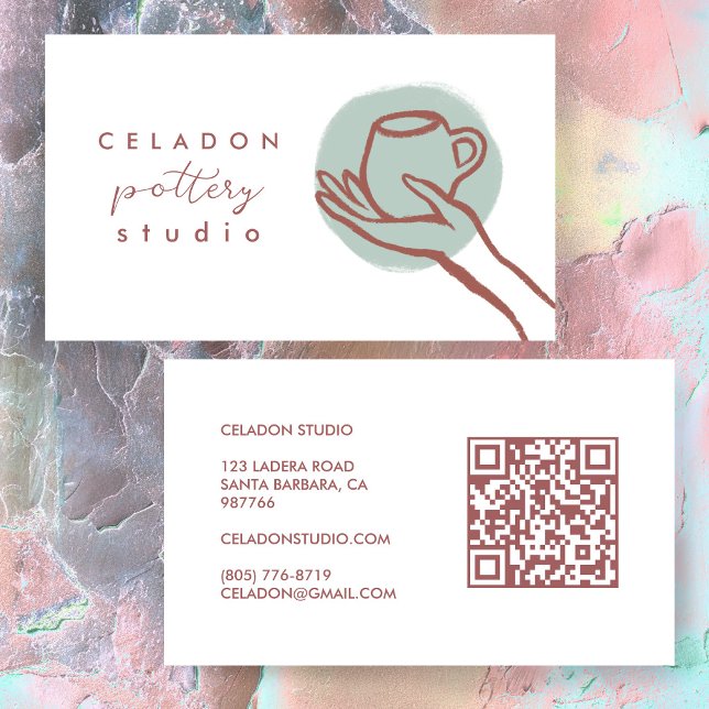 Cartão De Visita ESTÚDIO DE CERÂMICA OLARIA Código QR Desenhado à M (POTTERY Ceramics Studio Elegant Hand-drawn QR Code Ceramicist Clay Artist Business Card
)