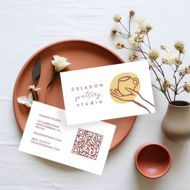 Cartão De Visita ESTÚDIO DE CERÂMICA OLARIA Código QR Desenhado à M (POTTERY Ceramics Studio Elegant Hand-drawn QR Code Business Card
)