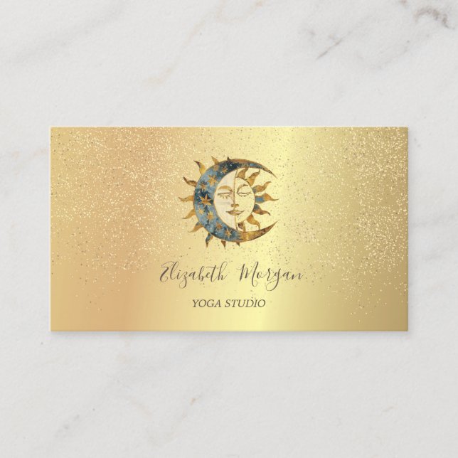 Cartão De Visita Estúdio de Yoga Confete Dourado Lua Elegante Sol (Frente)