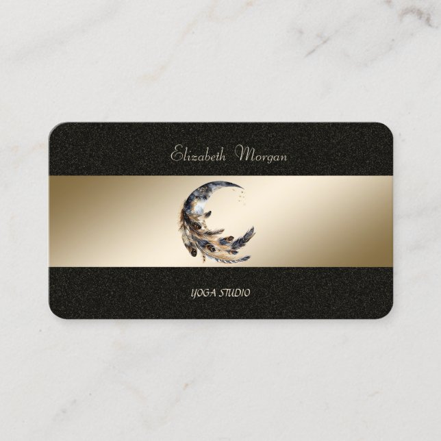 Cartão De Visita Estúdio de Yoga Moon Feather Gold Black (Frente)