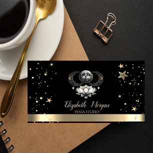 Cartão De Visita Estúdio de Yoga Preto Lotus Estrelas Douradas da L