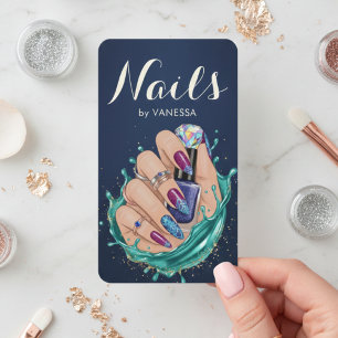 Cartão De Visita Estúdio Moderno de Unhas Azul Naval Artista Manicu