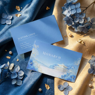 Cartão De Visita Ethereal Chinoiserie Azul Paisagem Pagode Floral
