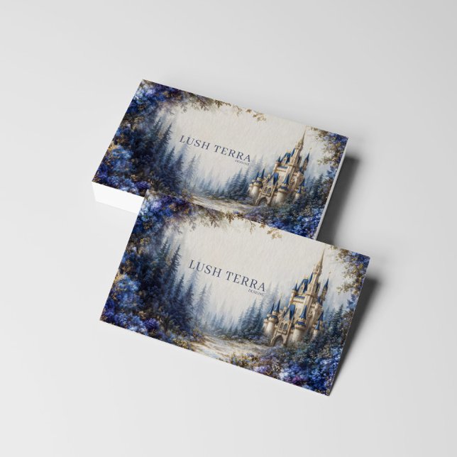 Cartão De Visita Ethereal Fairytale Castle Blue Floral Misty Forest (Criador carregado)