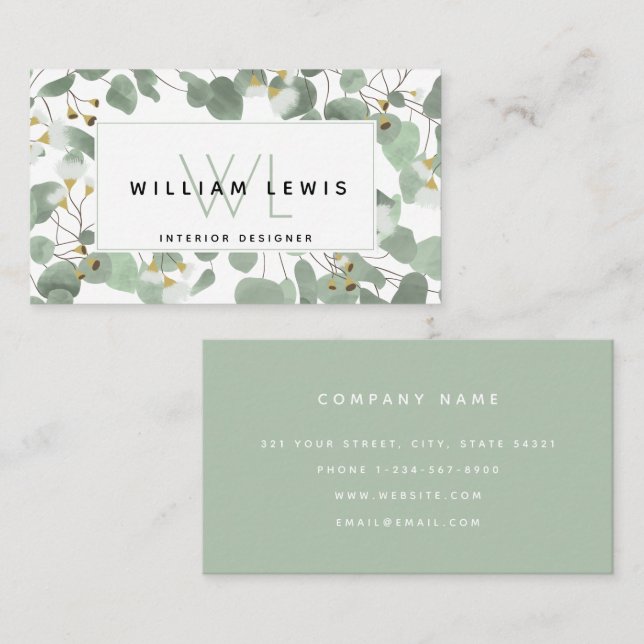 Cartão De Visita Eucalyptus Greenery Glossomas de Goma Dólar (Frente/Verso)