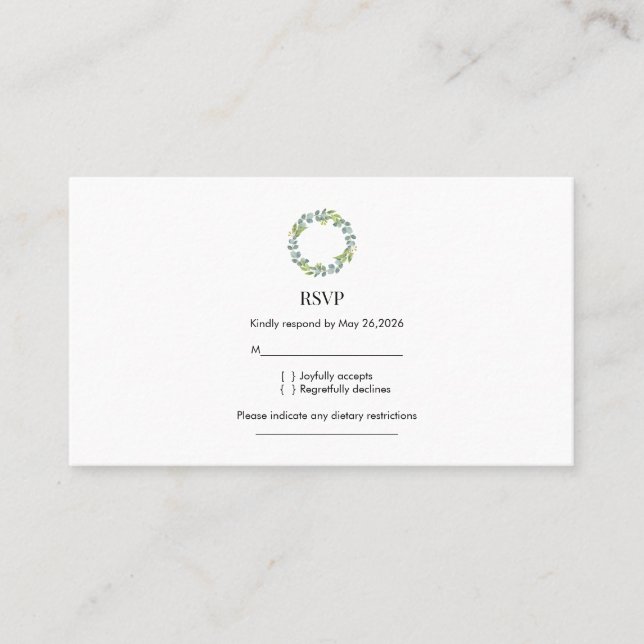 Cartão De Visita Eucalyptus Wreath Wedding RSVP  (Frente)
