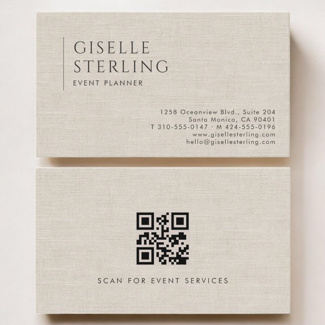 Cartão De Visita Event Planner Luxury Neutral Linen QR Code (Criador carregado)