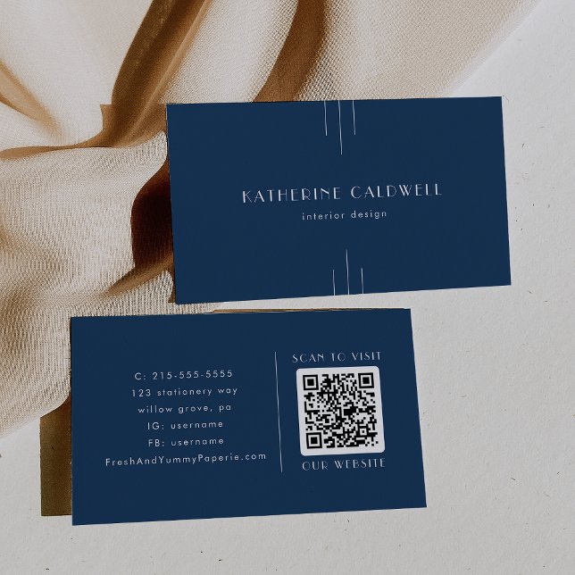 Cartão De Visita EVERLY Clássico Moderno Art Deco Azul Marinho Códi (EVERLY Classic Modern Art Deco Navy Blue QR Code Business Card)