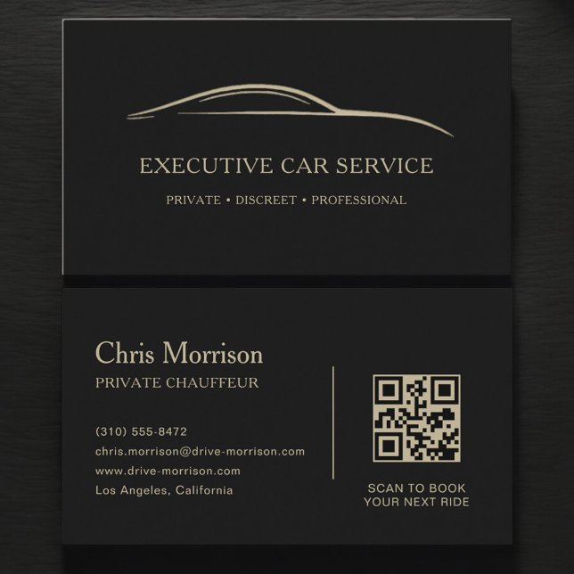 Cartão De Visita Executive Car Service QR Code Black & Gold (Criador carregado)