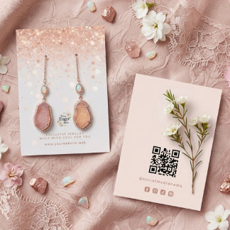 Cartão De Visita Expositor de Joias Brilhante em Dourado Rosa Elega