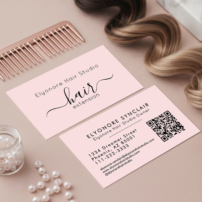 Cartão De Visita Extensão de Cabelo Código QR em Tom Rosa Script (Criador carregado)