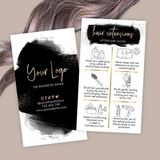 Cartão De Visita Extensões de Cabelo Após o Cuidado Preto e Dourado (Luxurious black and gold hair extensions aftercare instructions cards with icons and gold effects)