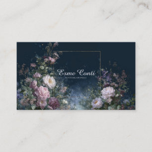 Cartão De Visita Exuberante Floral Rosa Mauve e Azul Meia-Noite Esc