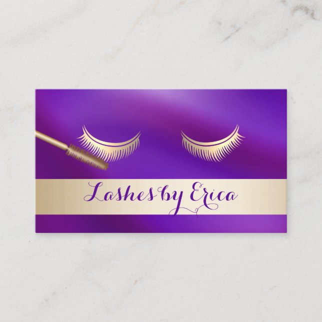 Cartão De Visita Eyelash Extensions Makeup Artista Dourado & Purple (Frente)