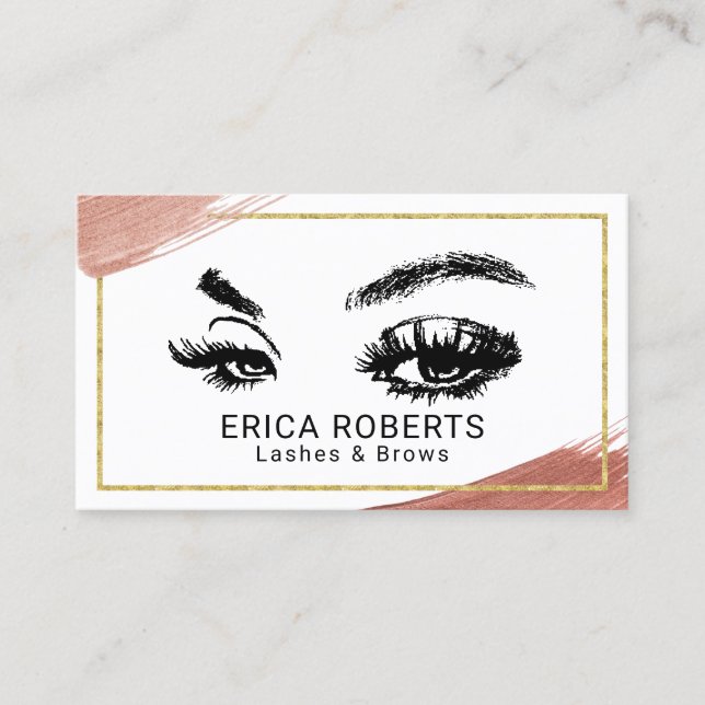 Cartão De Visita Eyelash Makeup Artista Rosa Dourado Pincel Traço (Frente)