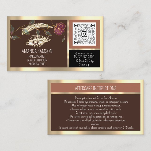 Cartão De Visita Eyelash Microblade QRCODE Após Cuidados Marrom Ros (Frente/Verso)