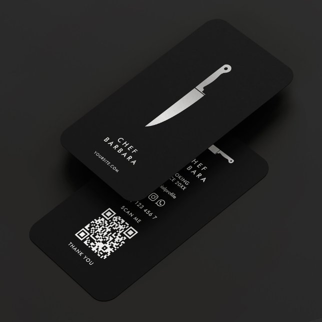Cartão De Visita Faca prateada do chef elegante - Preto Premium Mod (Elegant Chef Silver Knife Modern Premium Black Business Card
)
