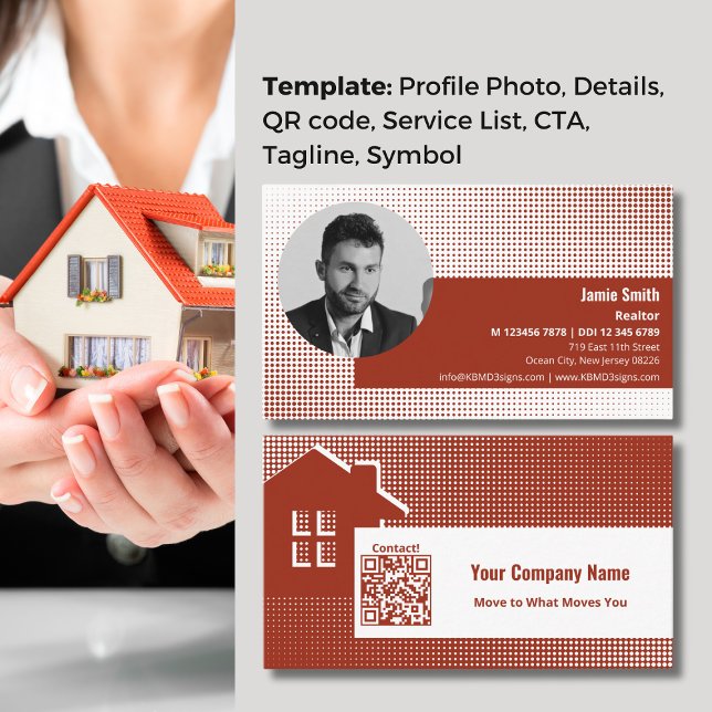 Cartão De Visita Faça Sua Marca, Agente Imobiliário Vermelho. (Make Your Mark, Striking Red Real Estate Agent Business Card, QR code, Tagline, Profile Photo)